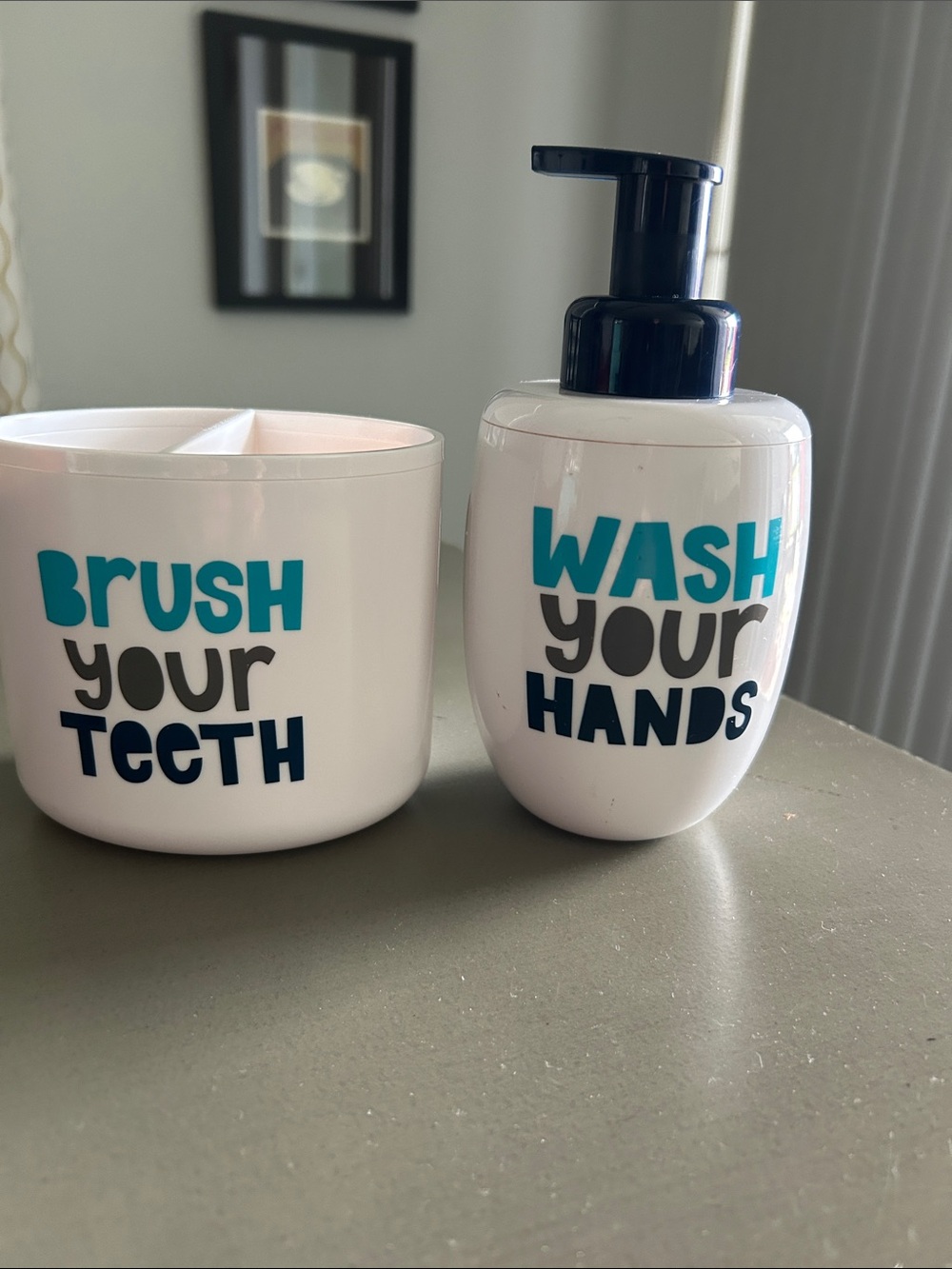 White 'Wash Your Hands' Pump Dispenser And ‘Brush Your Teeth’ toothbrush holder